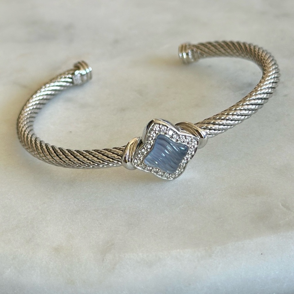 David Yurman 18K White Gold Chalcedony Diamond Quatrefoil Bracelet
